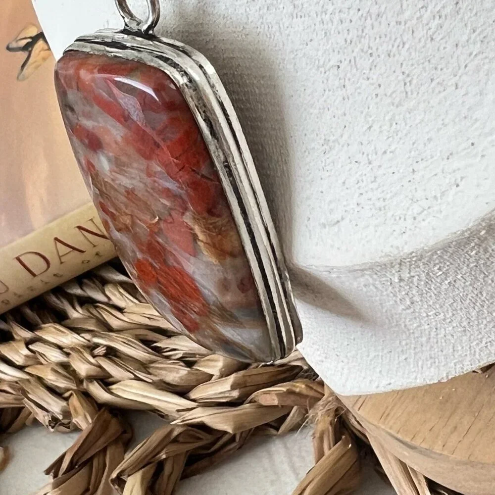 Vintage Large Sterling Silver 925 Red Jasper Pendant 925 Rope Chain Necklace